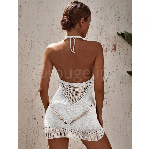 White Crochet Knit Halter Mini Swim Beach Coverup Dress - Picture 3 of 5